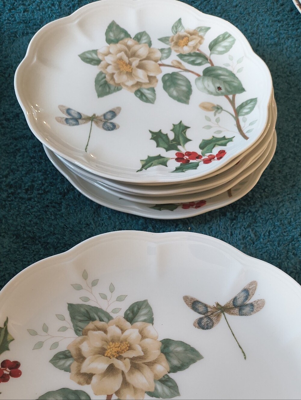 Lenox Floral & Holly Porcelain Dessert Plate in White, Green, Red, Cream